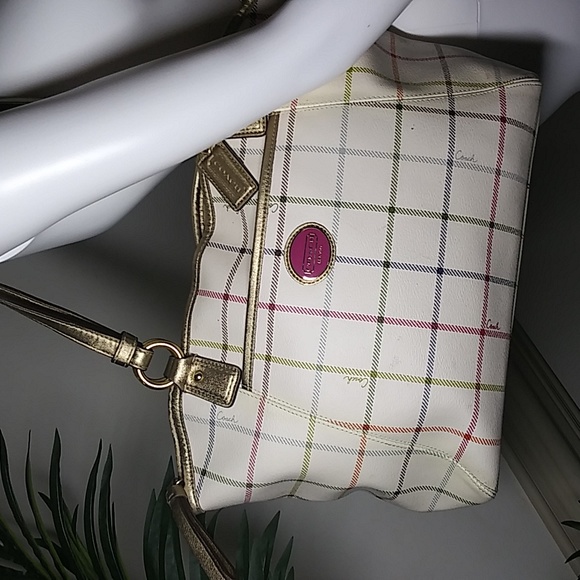 SOLD Coach plaid Peyton tattersall pocket cream white leather tote used. - Picture 1 of 5